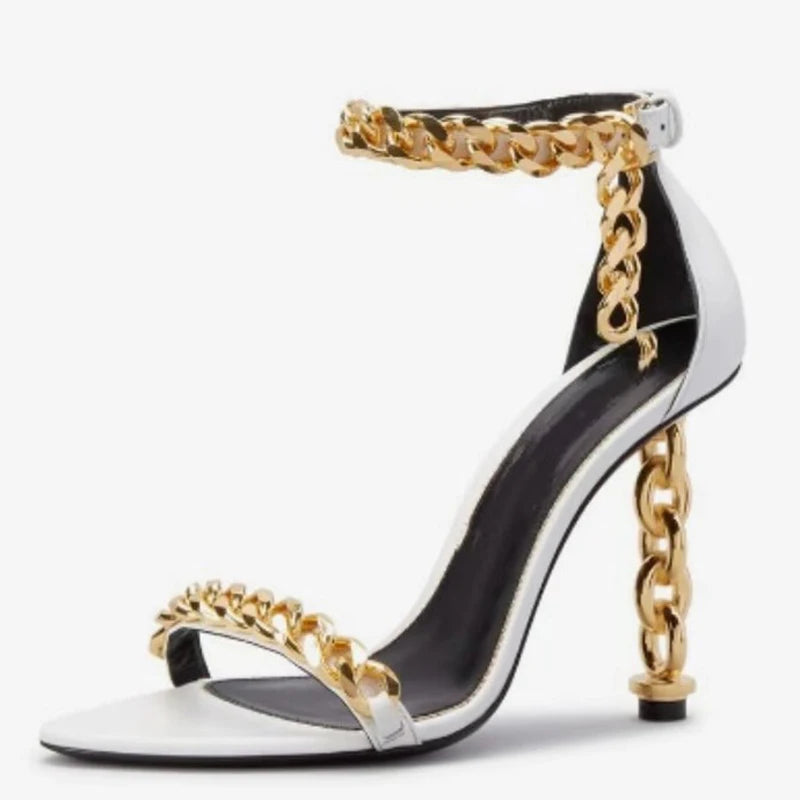 Custom Metal Heels Sandals Women Dress Stiletto Party Ankle Buckle Office Lady Shoes Open Square Toe High Slim Gold Heels