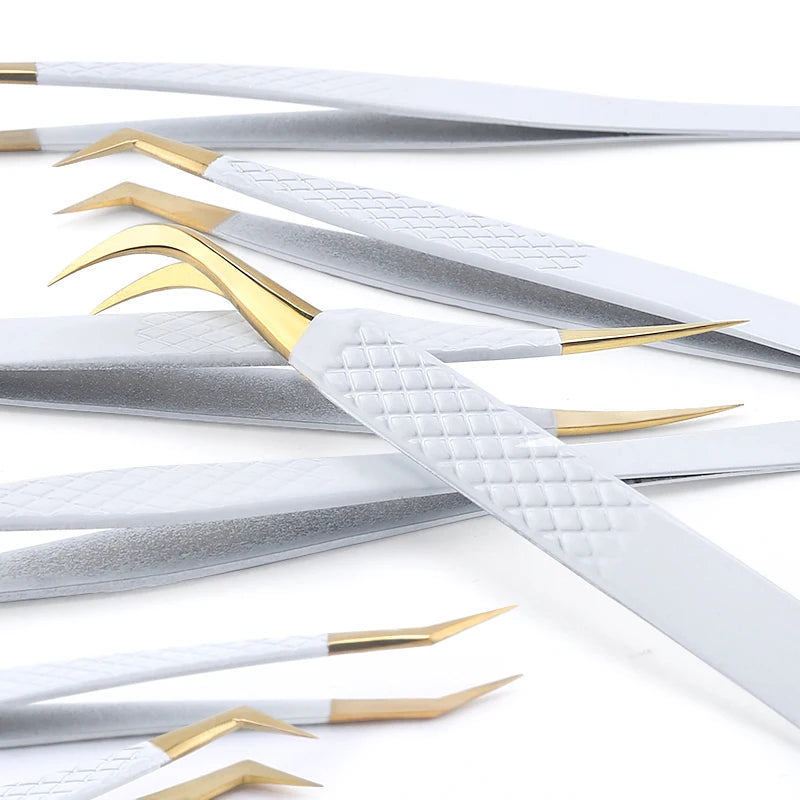 Pinzas de Precisión Antiestáticas de Acero Inoxidable Blanco-Dorado para Extensión de Pestañas, Juego de Herramientas de Maquillaje y Belleza para Cejas