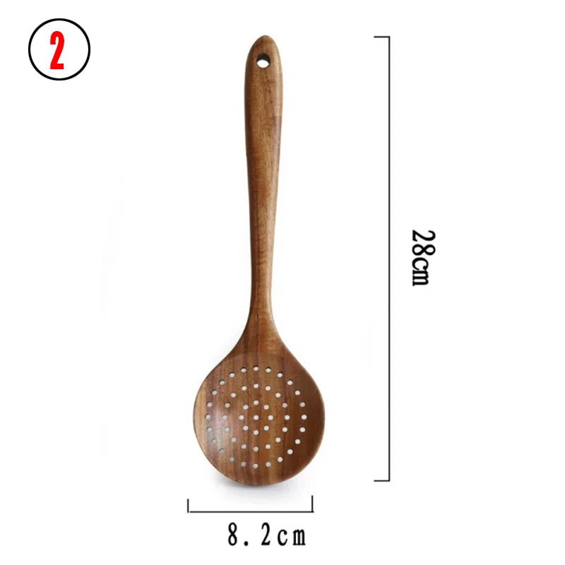 Vajilla de madera Natural de teca tailandesa, cuchara, cucharón, colador de arroz largo, espumadera de sopa, cucharas de cocina, juego de herramientas de cocina