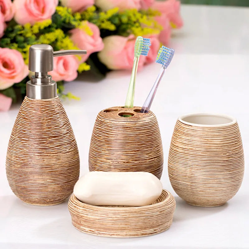 Juego de cerámica para baño, botella dispensadora de champú, jabonera, soportes para cepillos de dientes, taza de enjuague, accesorios de baño