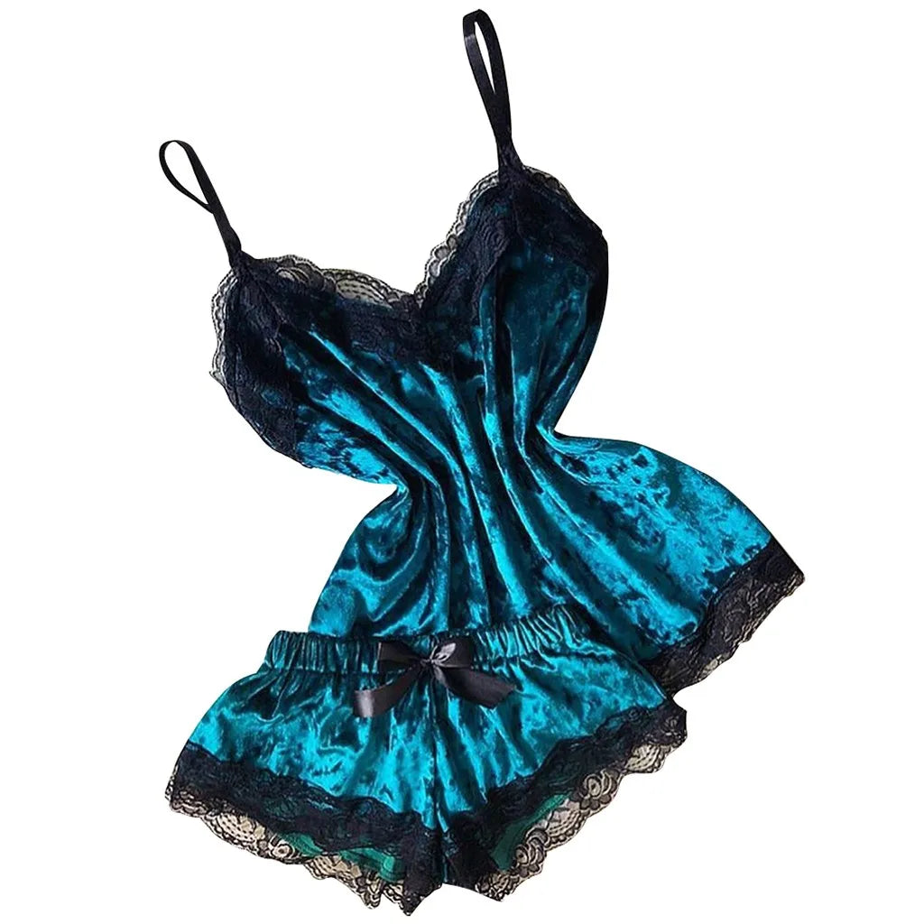 Pijamas de verano para mujer, ropa de dormir con lazo de terciopelo, ropa de dormir sin mangas con tirantes, camisola con adornos de encaje, conjuntos de pijama, lencería Sexy para mujer