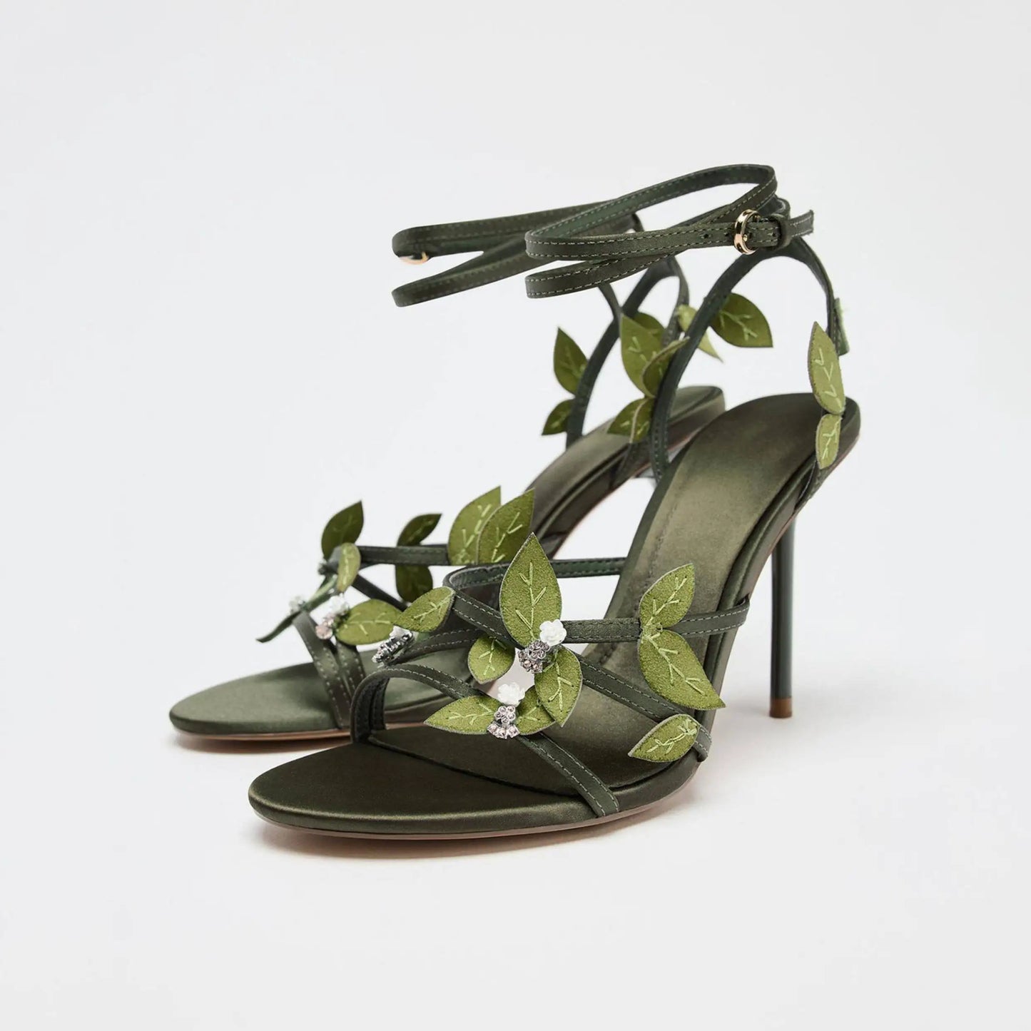ZA Premium Quality Summer New Women's Shoes Green and Gold Floral Decorative High Heels Fashionable Versatile Stiletto Sandals