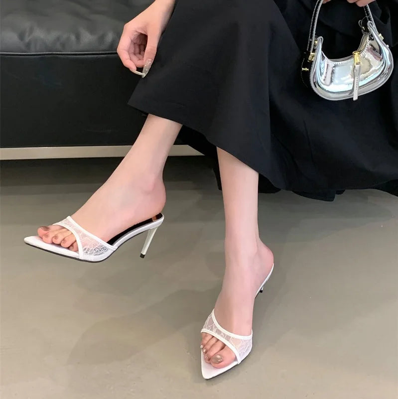 2025 Lace White Heels Hollow Mesh Sexy Feminine Sandals Summer Women's Wedding Shoes Slippers