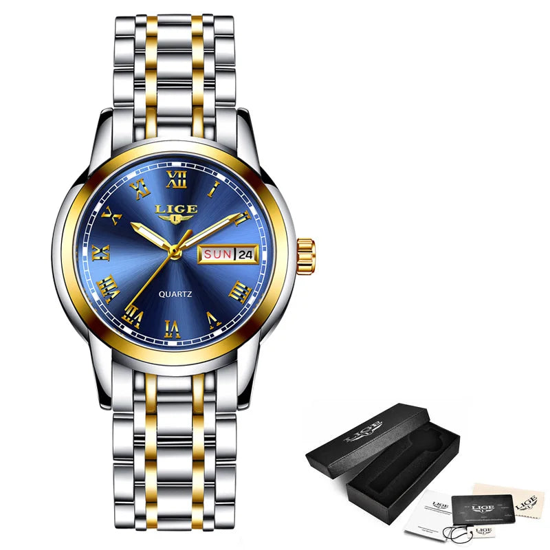 LIGE 2025 reloj de oro nuevo para mujer, relojes creativos de acero para mujer, relojes de pulsera para mujer, reloj impermeable para mujer, reloj femenino