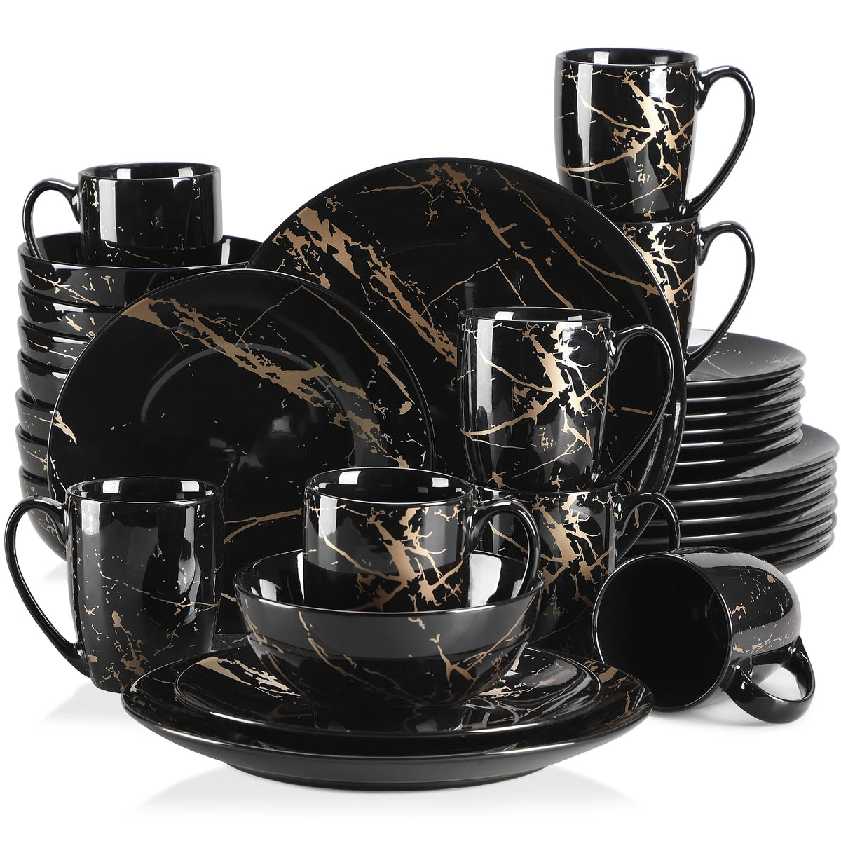 LOVECASA-Juego de vajilla negra, diseño dorado Splash con plato de cena, plato de pastel, cuencos, tazas de café, 16/2021 piezas, 32/48
