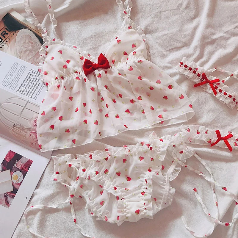 Conjunto de pijamas para mujer, lencería Sexy con corte de encaje, ropa de dormir de noche sin mangas para mujer, pijamas con estampado de fresa para mujer