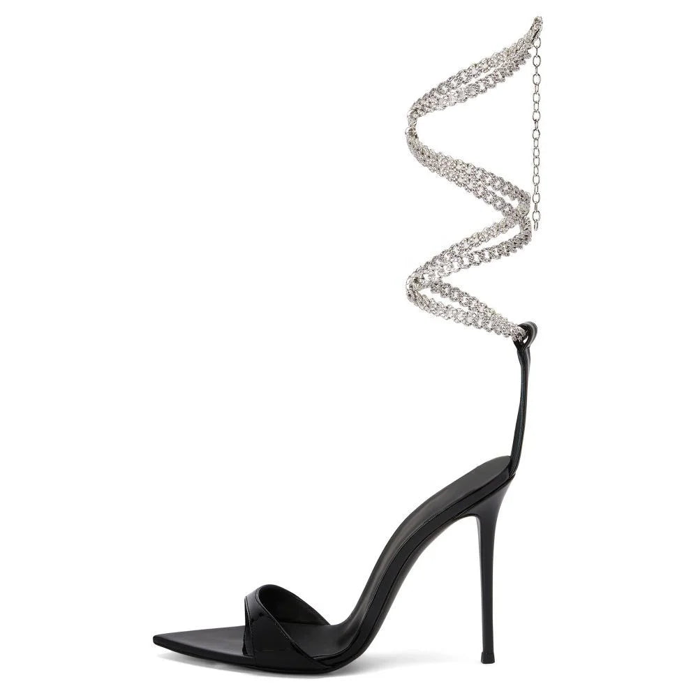 OEM Custom Luxury Women's High Heels Sandals New Style Summer Sexy Diamond Metal Chain Crystal Rhinestones Embellished Lace