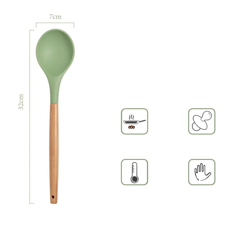 Utensilios de silicona verde aguacate, juego de herramientas de cocina con mango de madera, espátula antiadherente, cucharón, batidores de huevos, pala, nuevo