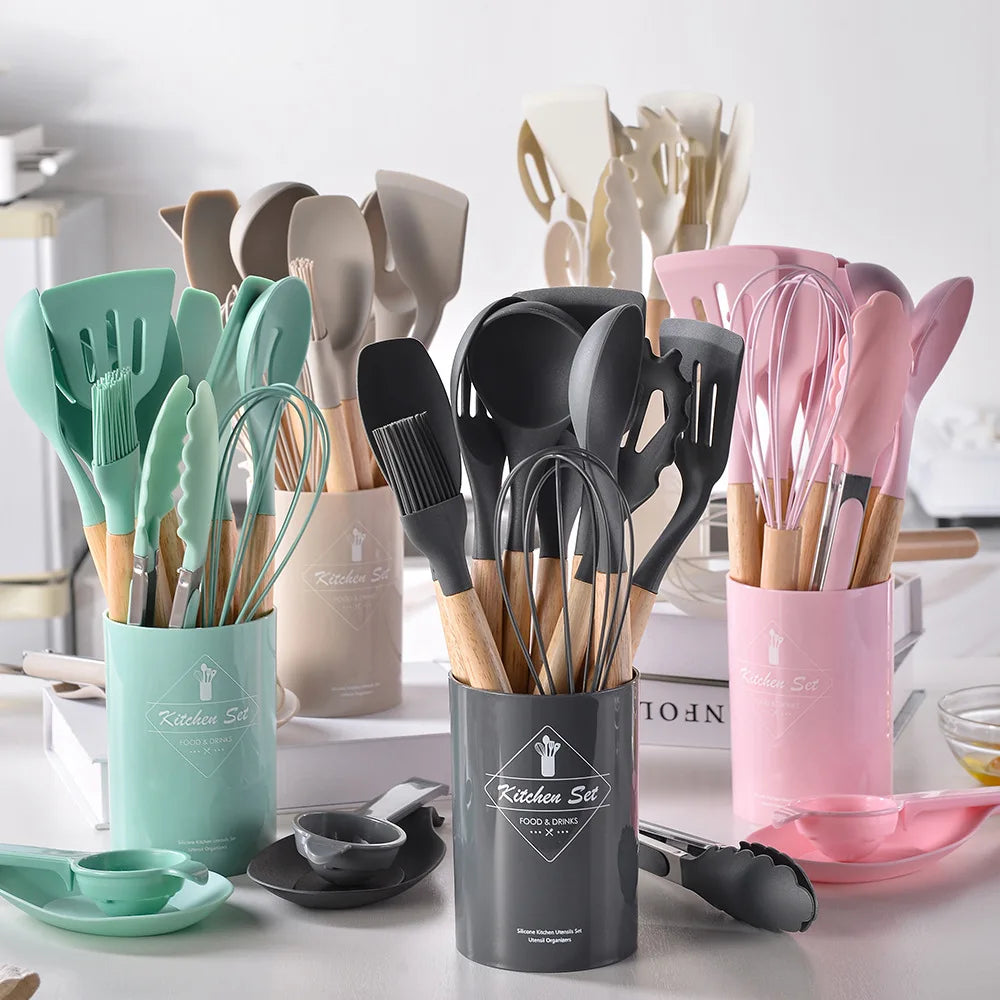 Kitchen Cooking Tool Kitchenware 12pcs Cooking Wood Utensils Kitchen Utensils Set Silicone Kitchen Utensils Set