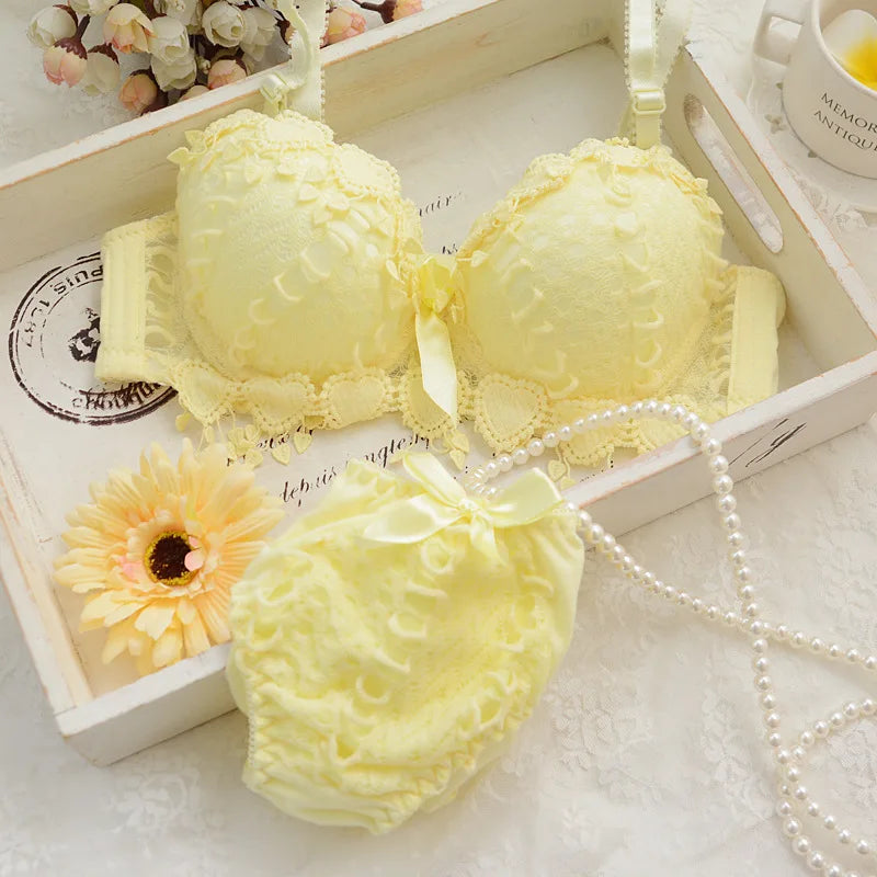 ZZYUP Lovely Girls Lace Bra Panty Sets Cute Japanese Underwire Push up Lace Bra Set