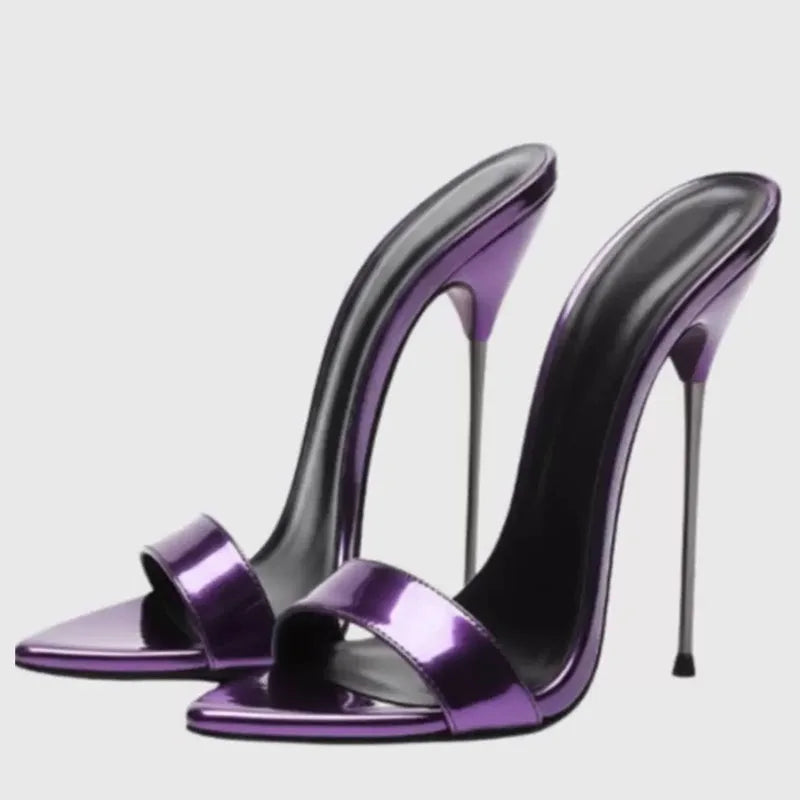 Women Supper High Silver Thin Heels Sandals Summer Big Size 45 Dress Wide Fit Denim Shoes Dress Stiletto Single Band Mules