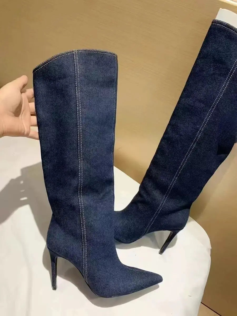 Denim Blue Jeans New Style Botas De Dama Winter and Fall Shoes Knee High Women's Boots