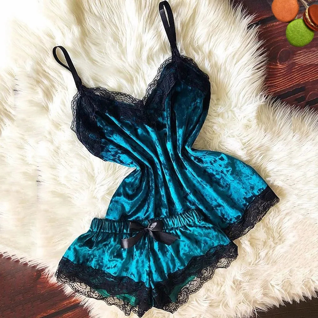 Pijamas de verano para mujer, ropa de dormir con lazo de terciopelo, ropa de dormir sin mangas con tirantes, camisola con adornos de encaje, conjuntos de pijama, lencería Sexy para mujer