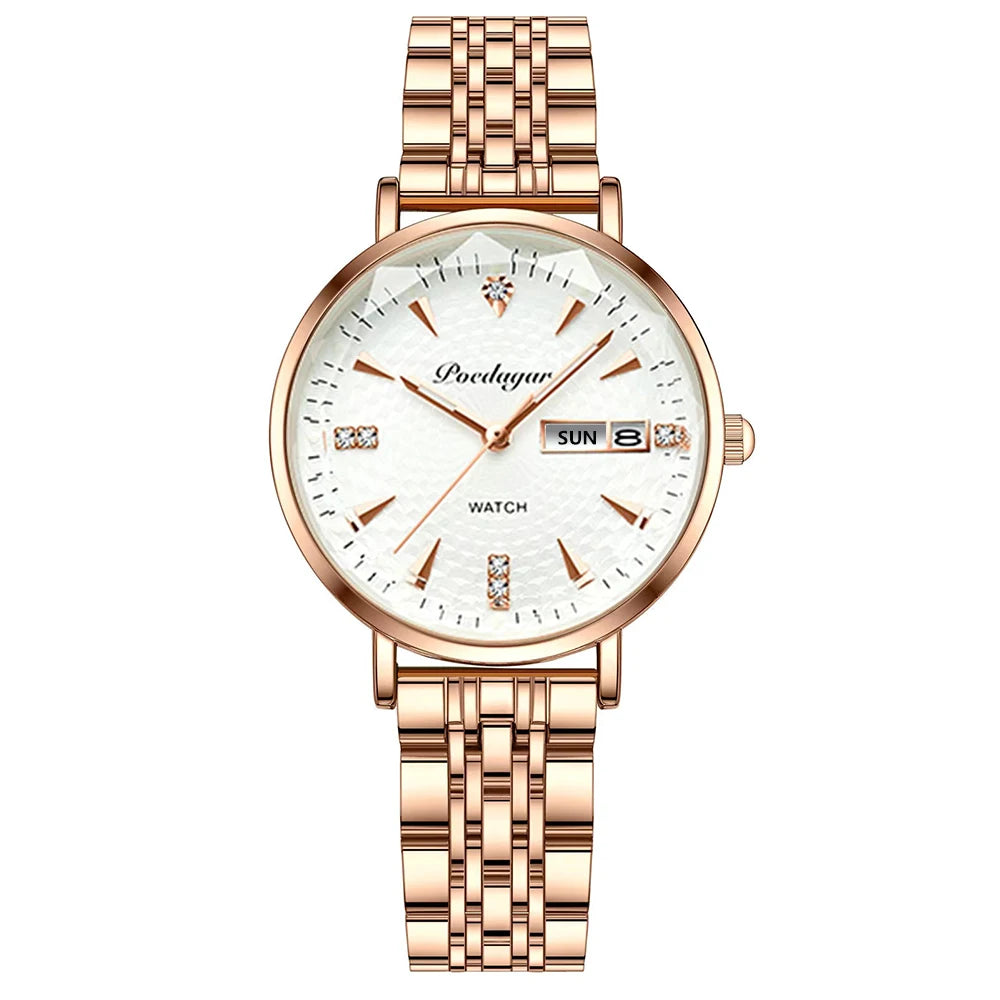 Reloj POEDAGAR para mujer, nueva moda, reloj de pulsera de acero inoxidable de lujo, pulsera Simple de oro rosa, relojes luminosos impermeables para mujer