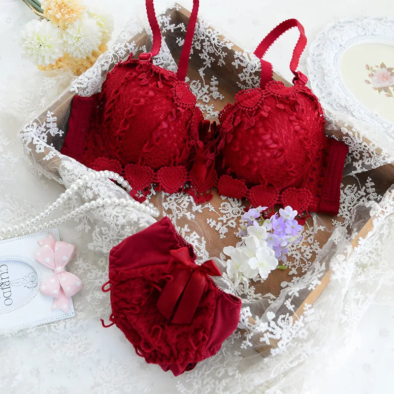 ZZYUP Lovely Girls Lace Bra Panty Sets Cute Japanese Underwire Push up Lace Bra Set