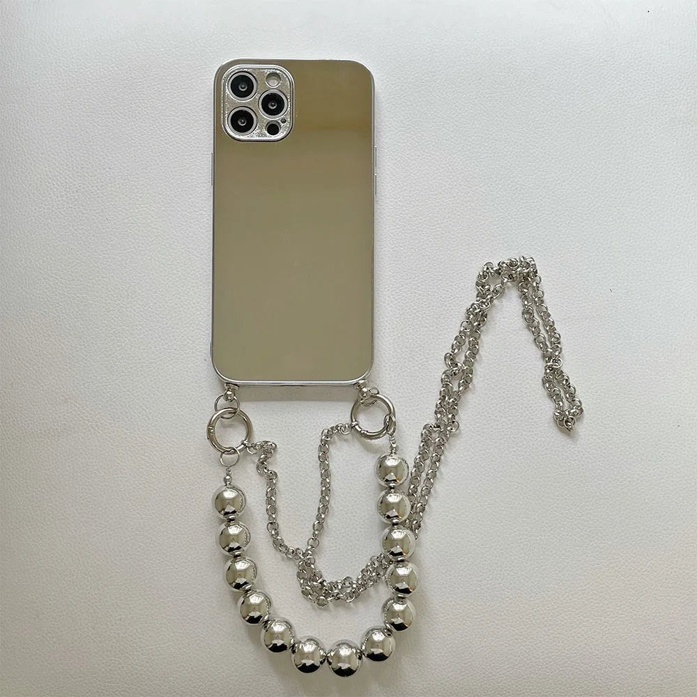 Funda de teléfono de espejo de maquillaje de lujo para iPhone 13, 12, 11, 14 Pro Max, XS, X, XR, 7, 8 plus, SE, collar cruzado, cordón, cordón, cubierta de cuerda