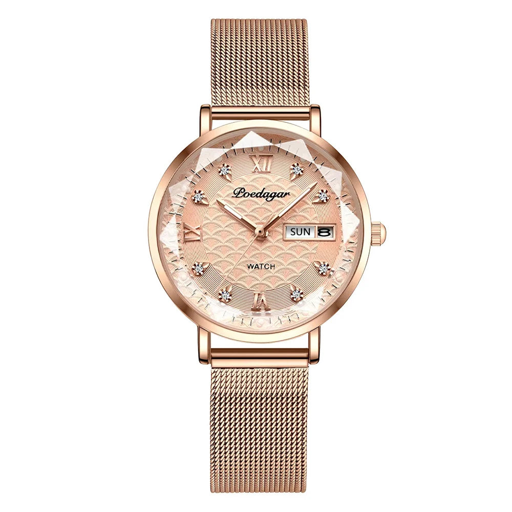 Reloj POEDAGAR para mujer, nueva moda, reloj de pulsera de acero inoxidable de lujo, pulsera Simple de oro rosa, relojes luminosos impermeables para mujer
