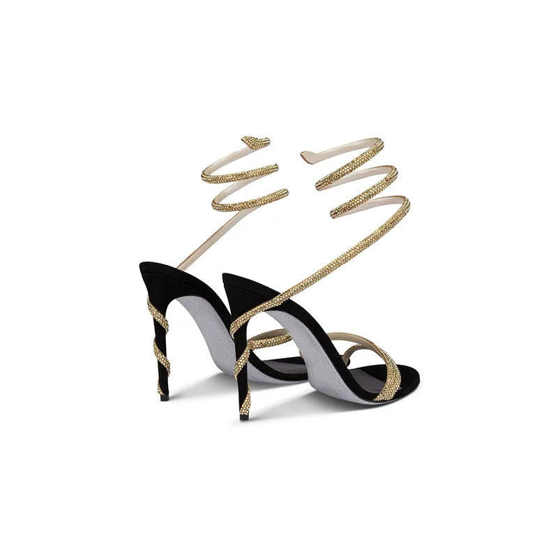 2025 Rhinestone Silver White Party Dress Shoes Snakelike Winding Stiletto High Heels Sexy Sandals for Women