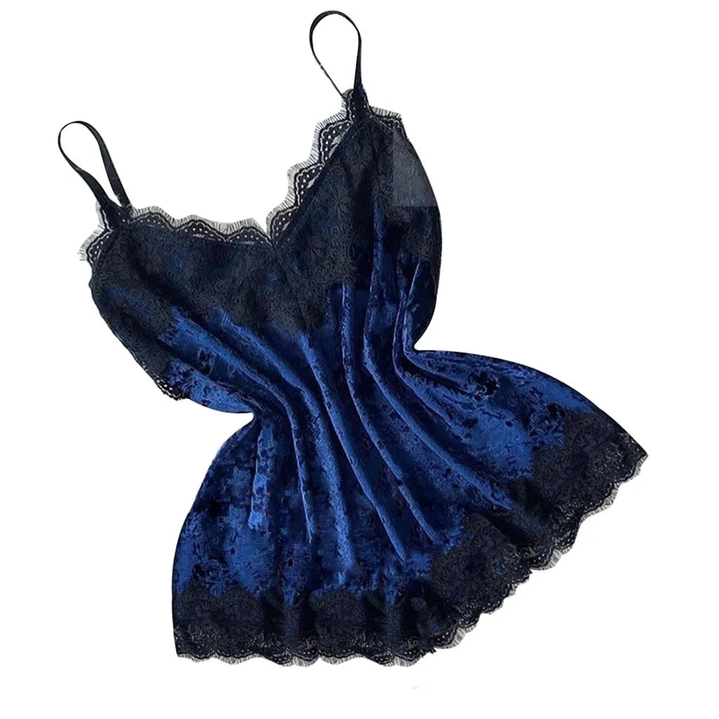 Pijamas de verano para mujer, ropa de dormir con lazo de terciopelo, ropa de dormir sin mangas con tirantes, camisola con adornos de encaje, conjuntos de pijama, lencería Sexy para mujer