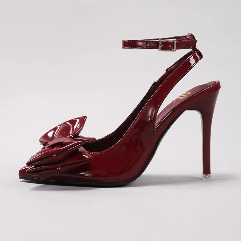 New Styles Fashion Trend Bow Stiletto Heel Patent Leather Pointed Toe Super High Heel Wedding Party Dress Sandals