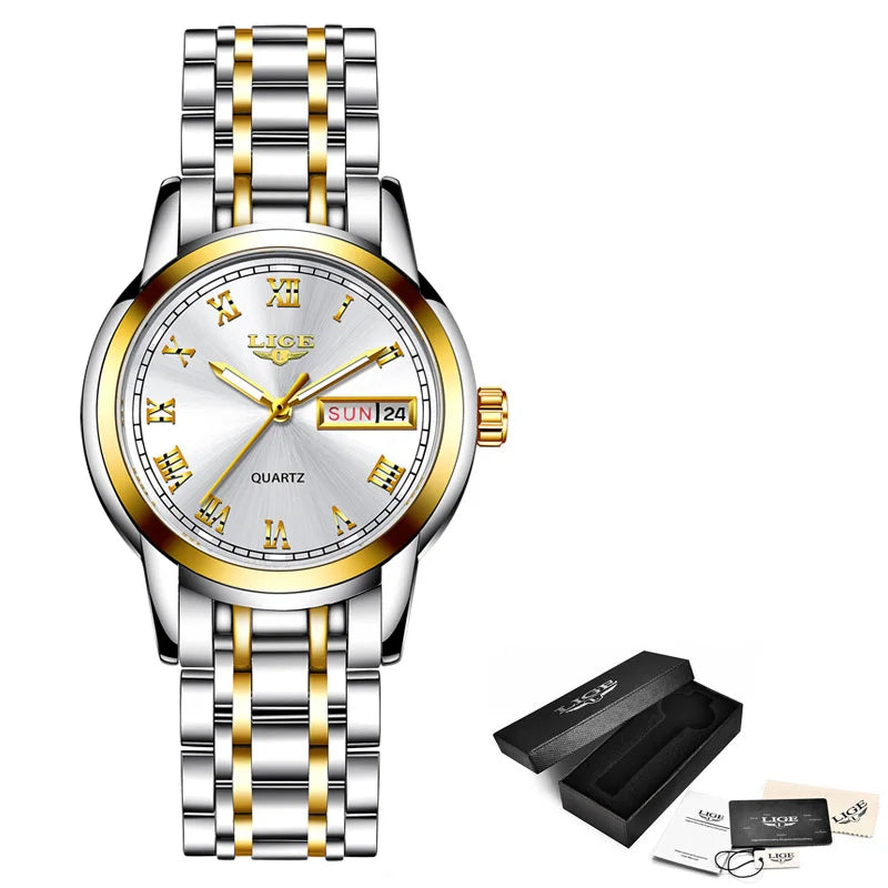 LIGE 2025 reloj de oro nuevo para mujer, relojes creativos de acero para mujer, relojes de pulsera para mujer, reloj impermeable para mujer, reloj femenino
