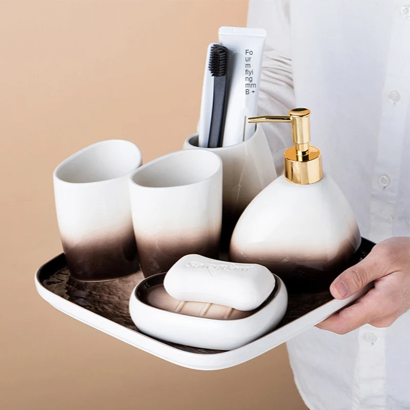 Juegos de accesorios de baño de cerámica, dispensador de loción gradiente, botella de bomba, soporte para cepillo de dientes, taza de enjuague bucal, jabón, herramientas de lavado de platos