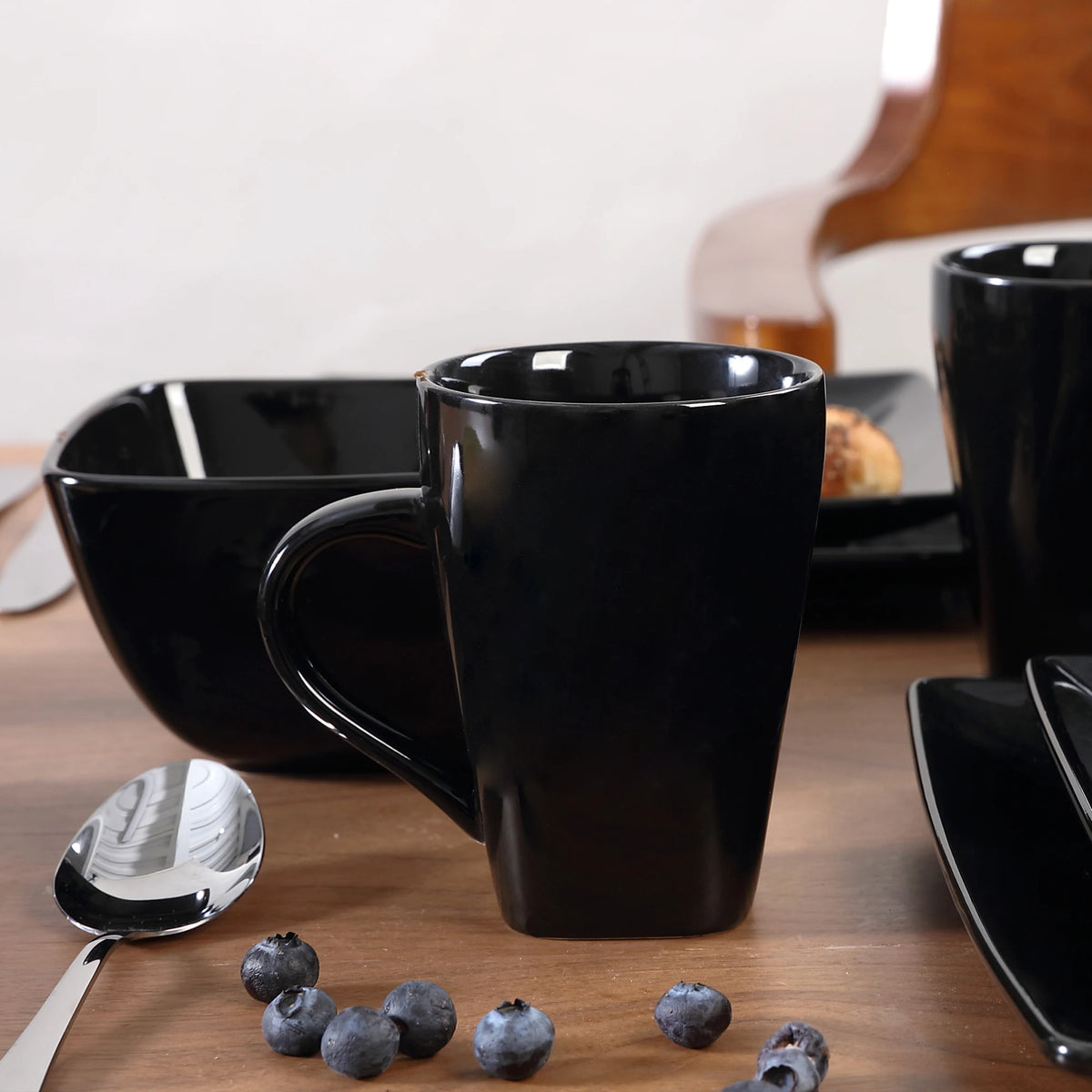Vancasso SOHO-vajilla cuadrada de cerámica negra, 16/32/48 piezas, plato de cena, plato de postre, tazón, juego de tazas de 240ml