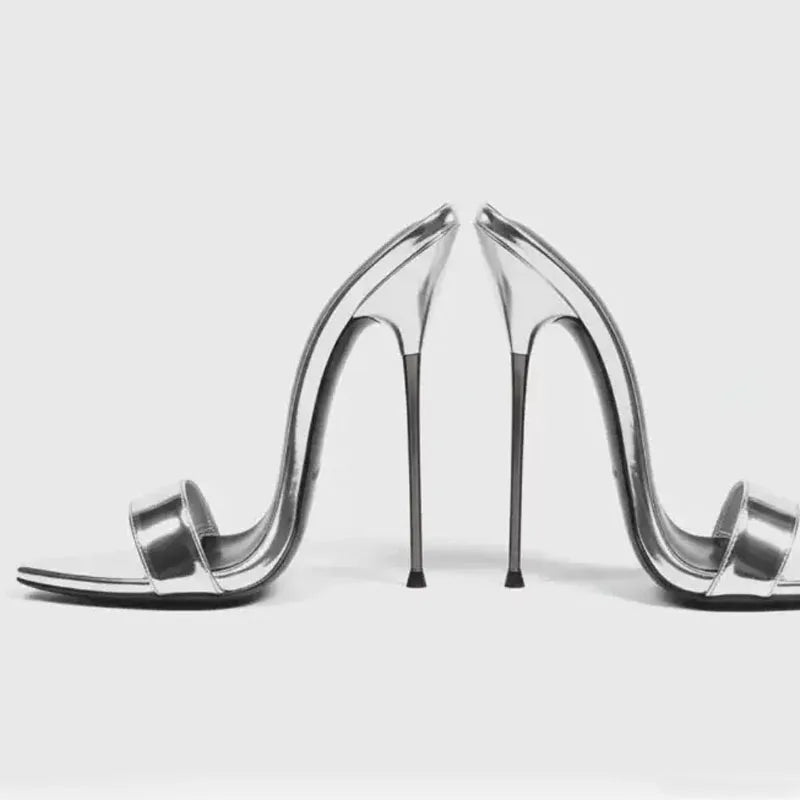 Women Supper High Silver Thin Heels Sandals Summer Big Size 45 Dress Wide Fit Denim Shoes Dress Stiletto Single Band Mules
