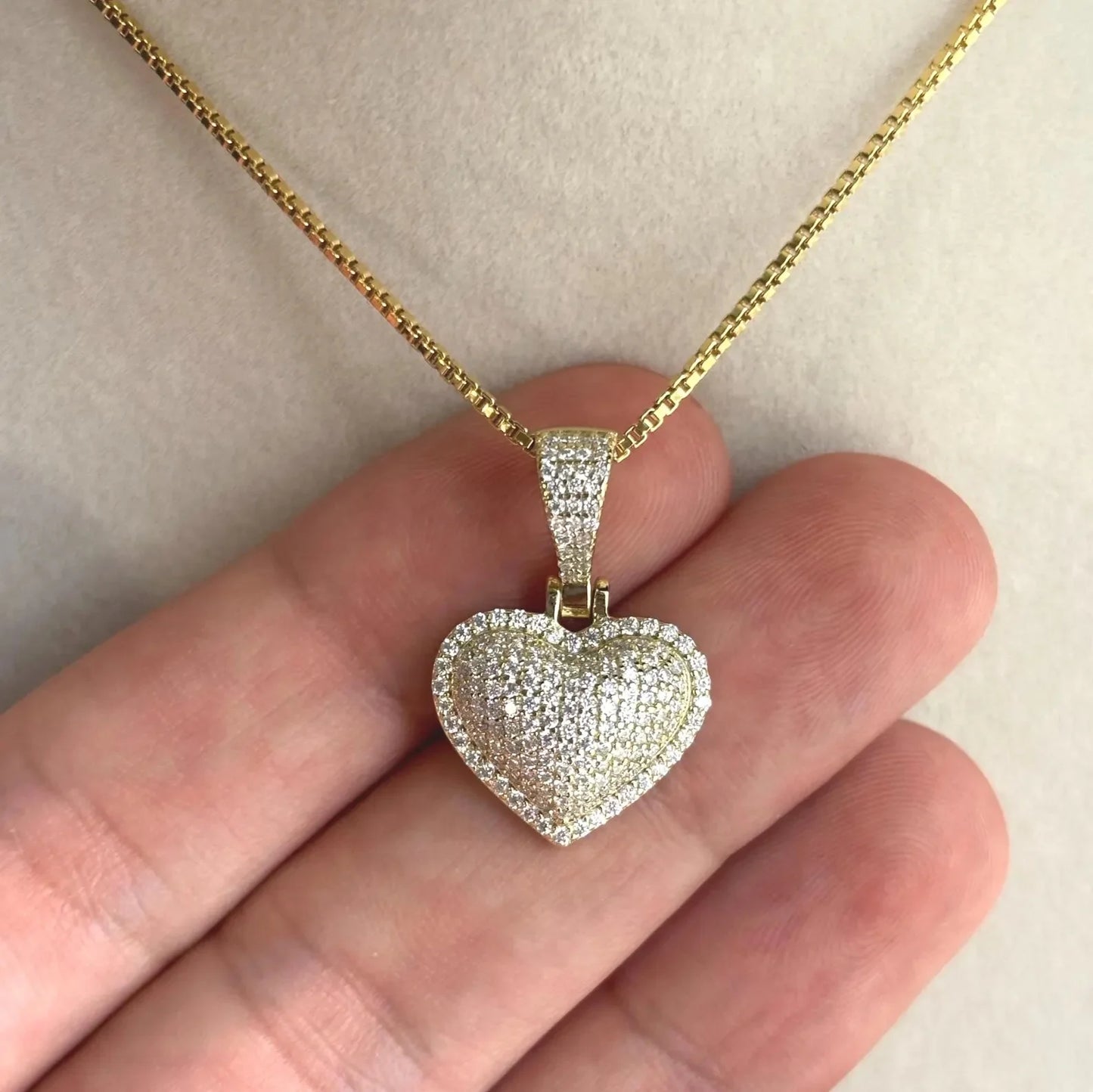 Small Christian Moissanite Puffed Heart Necklace with Diamond Pave Charm Gold Plated for Party Occasions