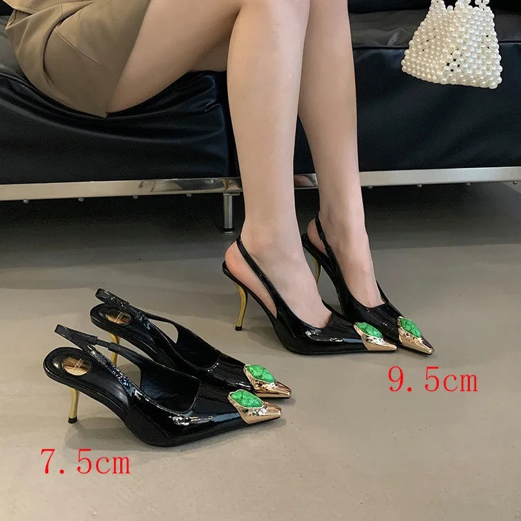 Women's Elegant Black PU Leather Super High Heel Hollow Shallow Mouth Pointed Toe Buckle Strap Anti-Slip Summer Outdoor Sandals