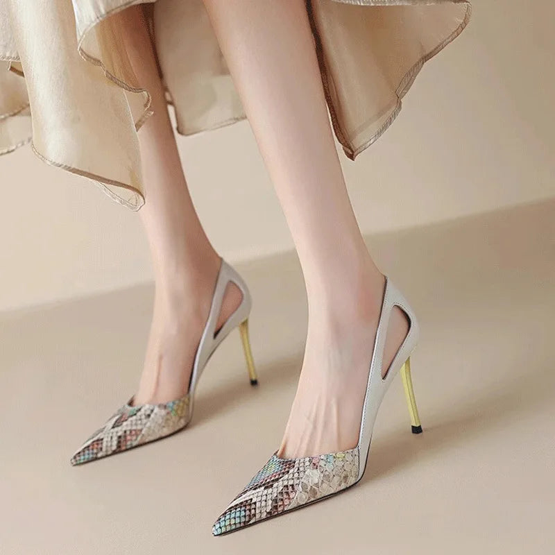 Size 32-45 Commuter Professional Stiletto 8cm Slip-On Snake Print Pointed Toe French Elegant Celebrity Style Large Size