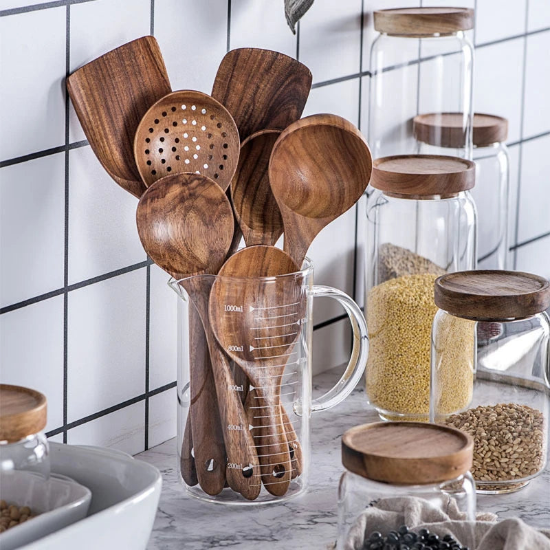 Vajilla de madera Natural de teca tailandesa, cuchara, cucharón, colador de arroz largo, espumadera de sopa, cucharas de cocina, juego de herramientas de cocina