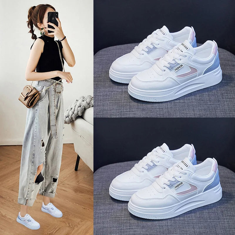 EACH Trendy Basic White Shoes Women 2023 Spring Autumn New Breathable Thick Bottom Board Shoes Women Students Sneakers