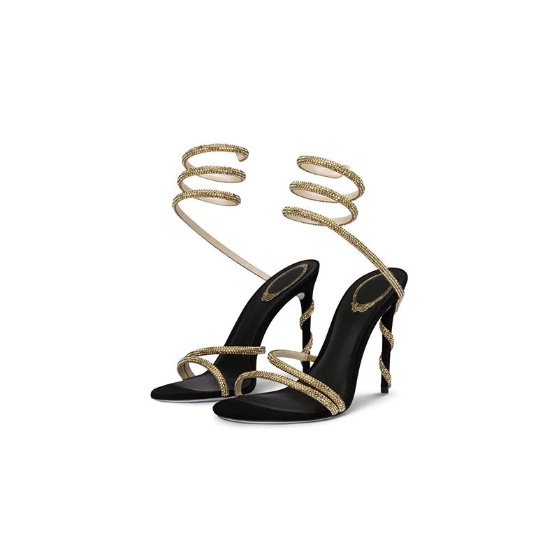 2025 Rhinestone Silver White Party Dress Shoes Snakelike Winding Stiletto High Heels Sexy Sandals for Women