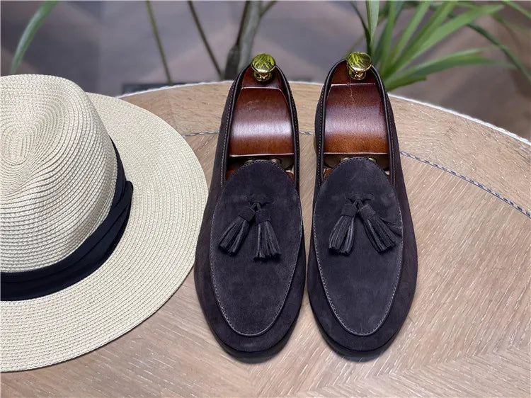 Italian Vintage Velvet Shoes Loafers for Men Genuine Cow Suede Leather Slip-On Boat Casual Shoes