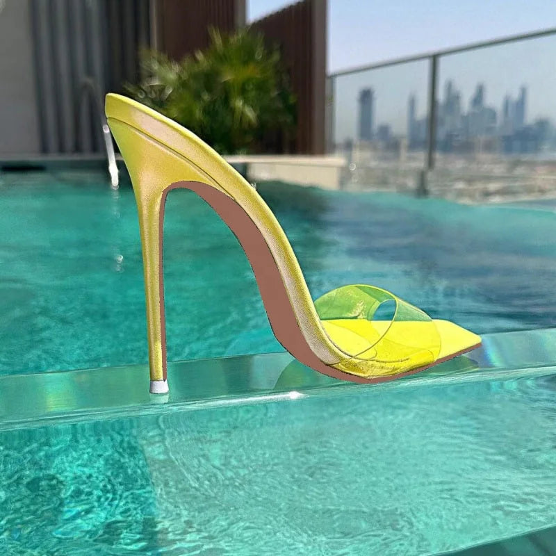 Talon Femme 2025 Summer Fashion PVC Mules Shoes Women 12cm PU Rubber Thin Heels Platform Trending Escarpins Pour Femmes Slippers