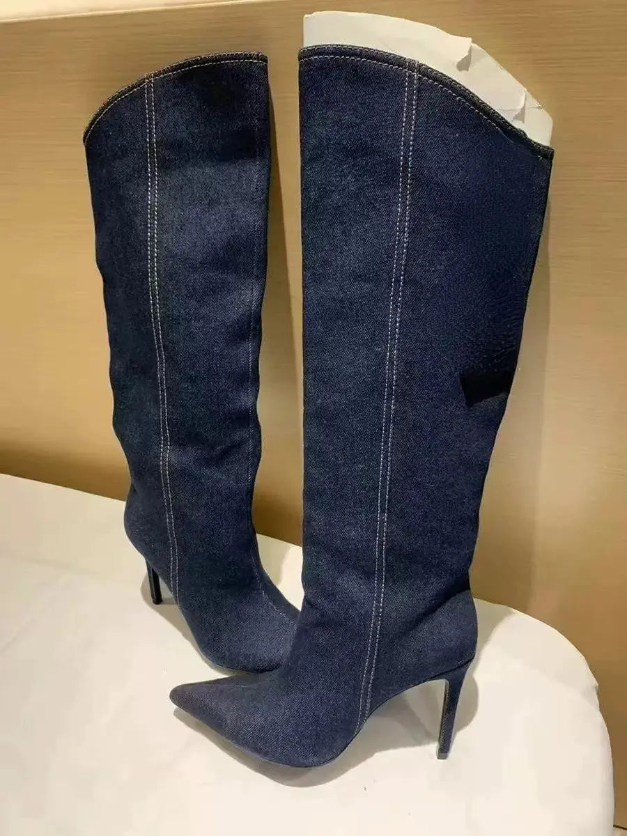 Denim Blue Jeans New Style Botas De Dama Winter and Fall Shoes Knee High Women's Boots