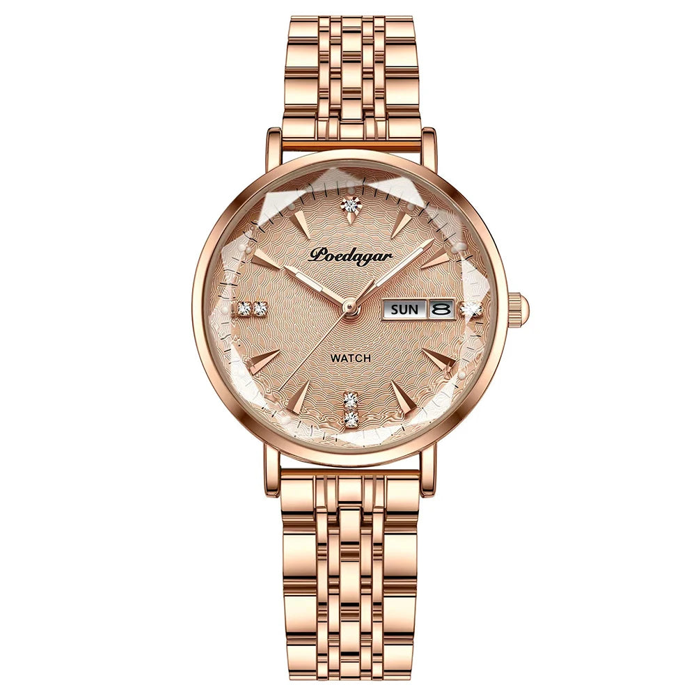 Reloj POEDAGAR para mujer, nueva moda, reloj de pulsera de acero inoxidable de lujo, pulsera Simple de oro rosa, relojes luminosos impermeables para mujer