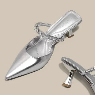Hot Sale Summer Crystal Pointed Toe Pumps Slip on Thin Heels PU Upper Rubber Sole Elegant Womens Shoes