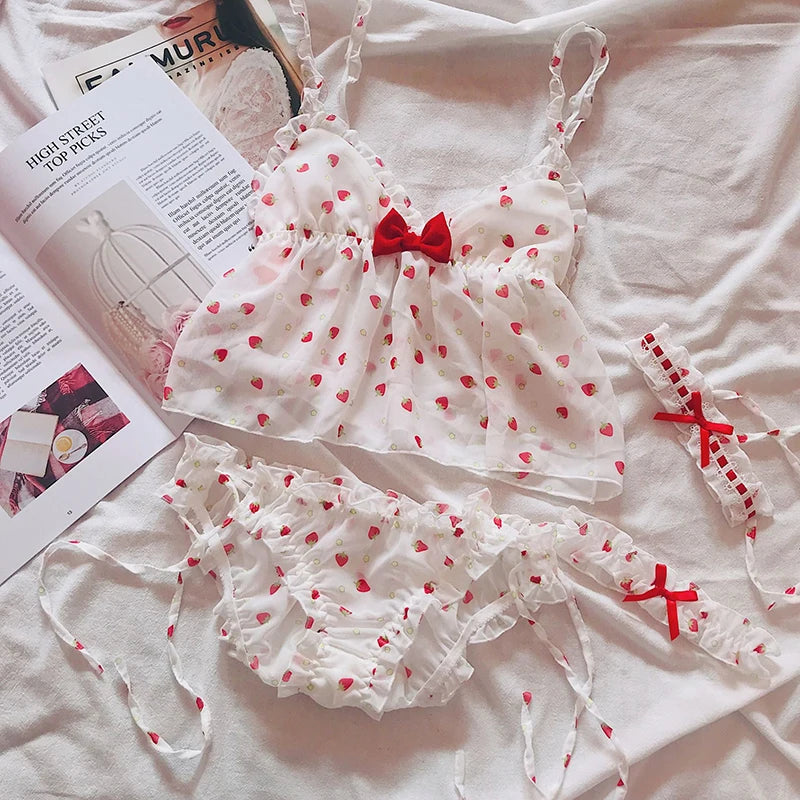 Conjunto de pijamas para mujer, lencería Sexy con corte de encaje, ropa de dormir de noche sin mangas para mujer, pijamas con estampado de fresa para mujer