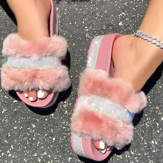 Dropshipping Platform Diamonds Fur Slides Slippers Hot Sale Flutty Slippers New Style Thick Sole Platform Sandals for Ladies
