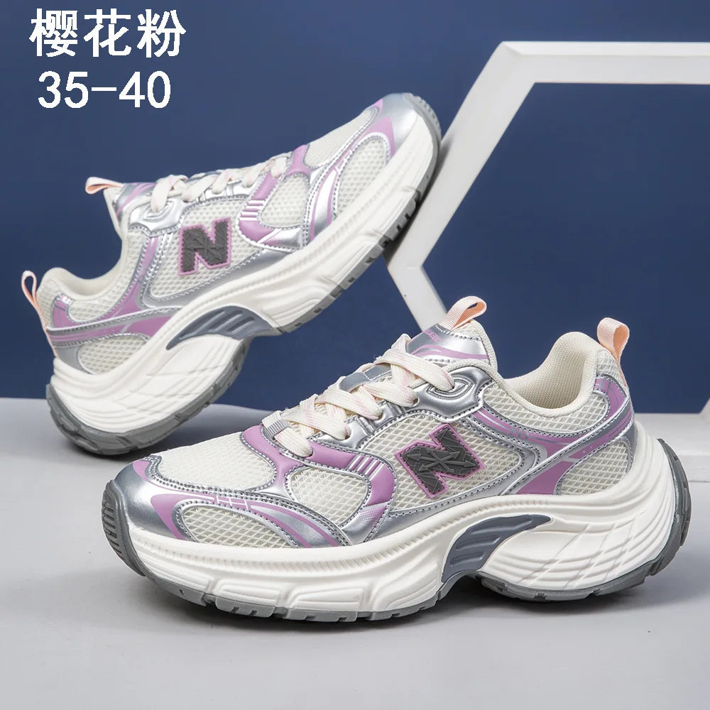 2025 New Dad Shoes Sports Casual Mesh Solid Spring Super Elastic Thick Sole Height Increasing Breathable Couple Running Shoes