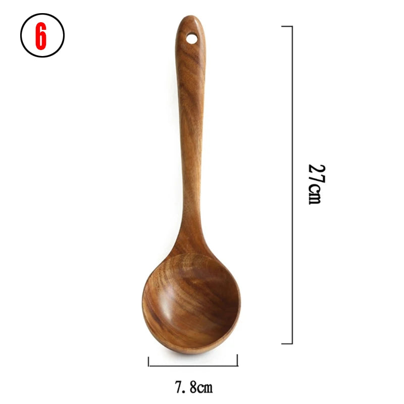 Vajilla de madera Natural de teca tailandesa, cuchara, cucharón, colador de arroz largo, espumadera de sopa, cucharas de cocina, juego de herramientas de cocina