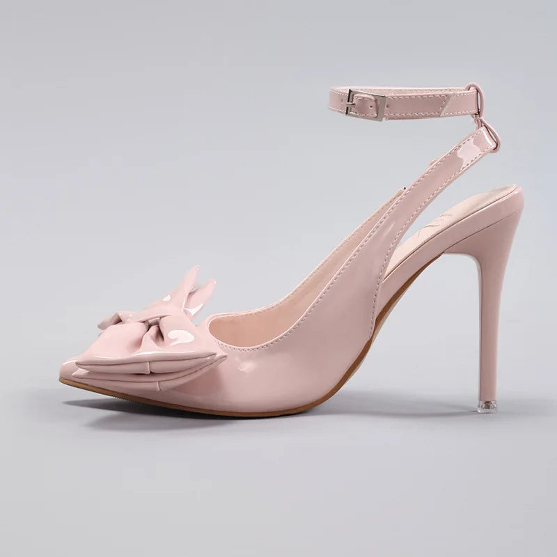 New Styles Fashion Trend Bow Stiletto Heel Patent Leather Pointed Toe Super High Heel Wedding Party Dress Sandals