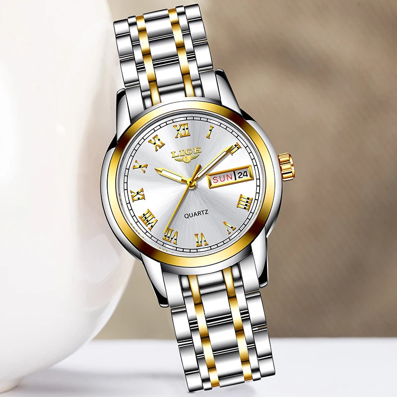 LIGE 2025 reloj de oro nuevo para mujer, relojes creativos de acero para mujer, relojes de pulsera para mujer, reloj impermeable para mujer, reloj femenino