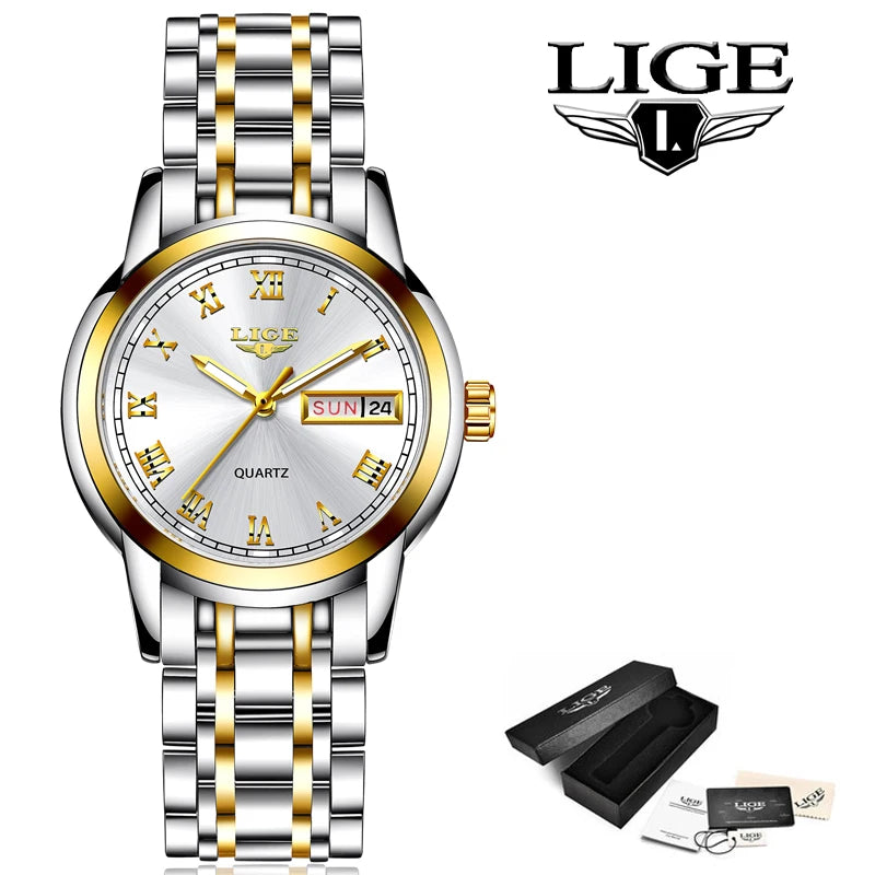 LIGE 2025 reloj de oro nuevo para mujer, relojes creativos de acero para mujer, relojes de pulsera para mujer, reloj impermeable para mujer, reloj femenino