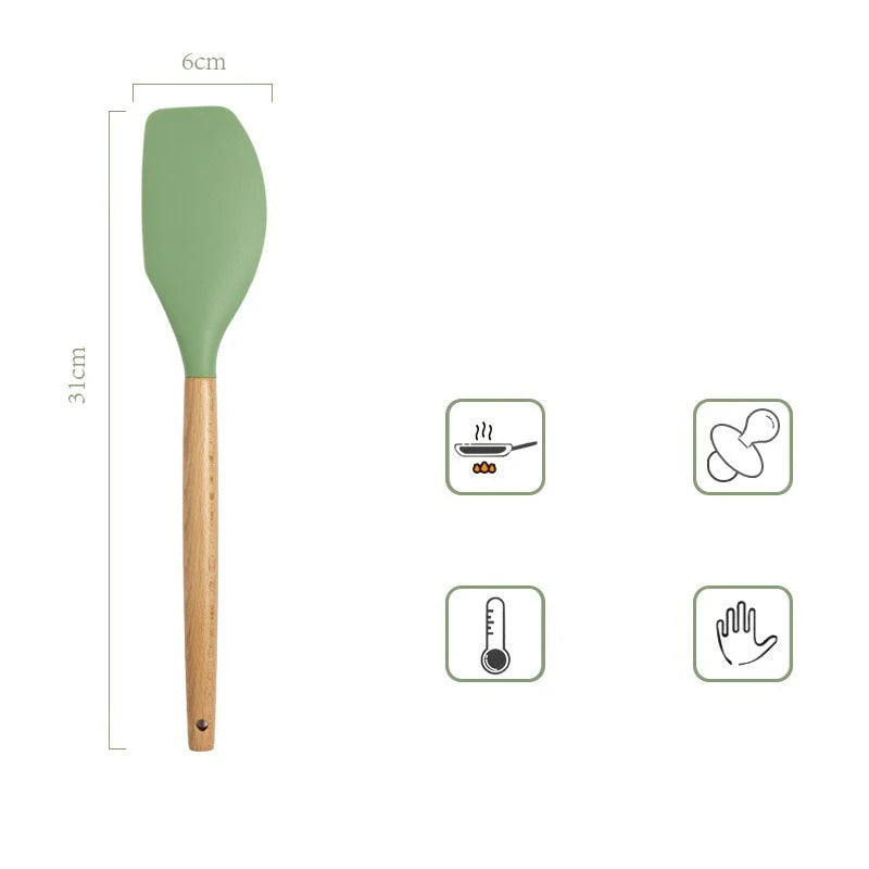 Utensilios de silicona verde aguacate, juego de herramientas de cocina con mango de madera, espátula antiadherente, cucharón, batidores de huevos, pala, nuevo