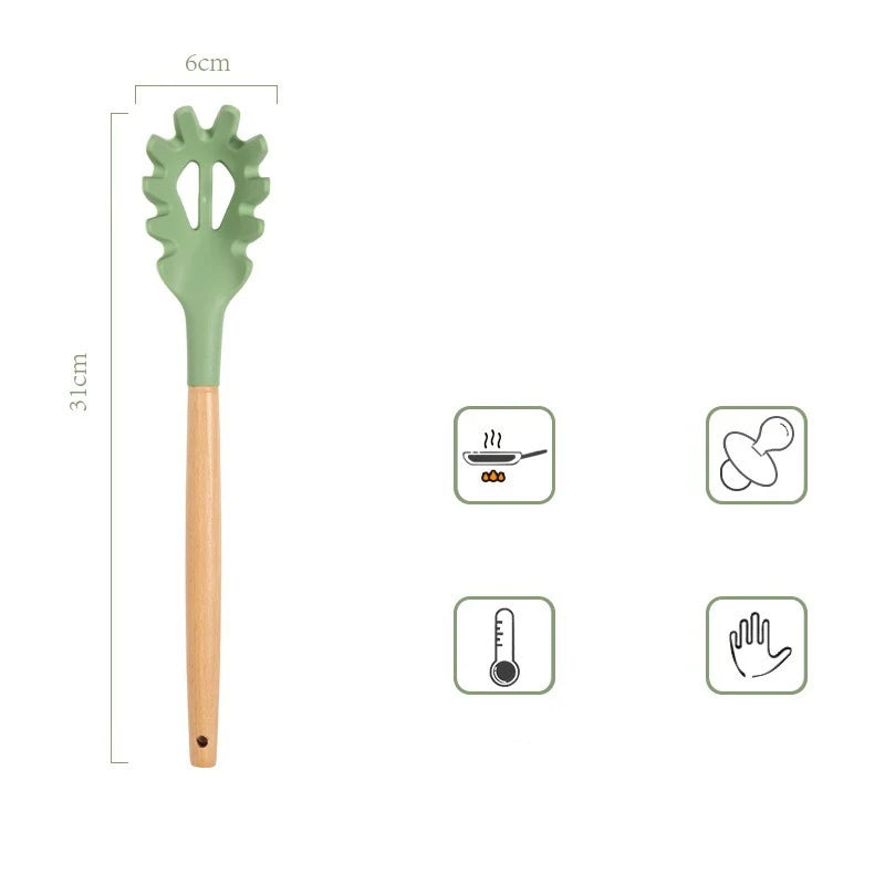 Utensilios de silicona verde aguacate, juego de herramientas de cocina con mango de madera, espátula antiadherente, cucharón, batidores de huevos, pala, nuevo