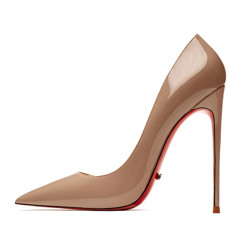 HLTINO, tacones altos de fondo rojo de 12cm, zapatos de lujo de cuero genuino, tacones de aguja súper altos para mujer con zapatos de tacón de primavera para mujer