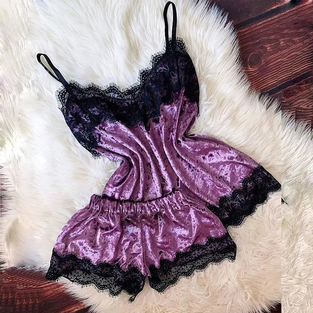 Pijamas de verano para mujer, ropa de dormir con lazo de terciopelo, ropa de dormir sin mangas con tirantes, camisola con adornos de encaje, conjuntos de pijama, lencería Sexy para mujer